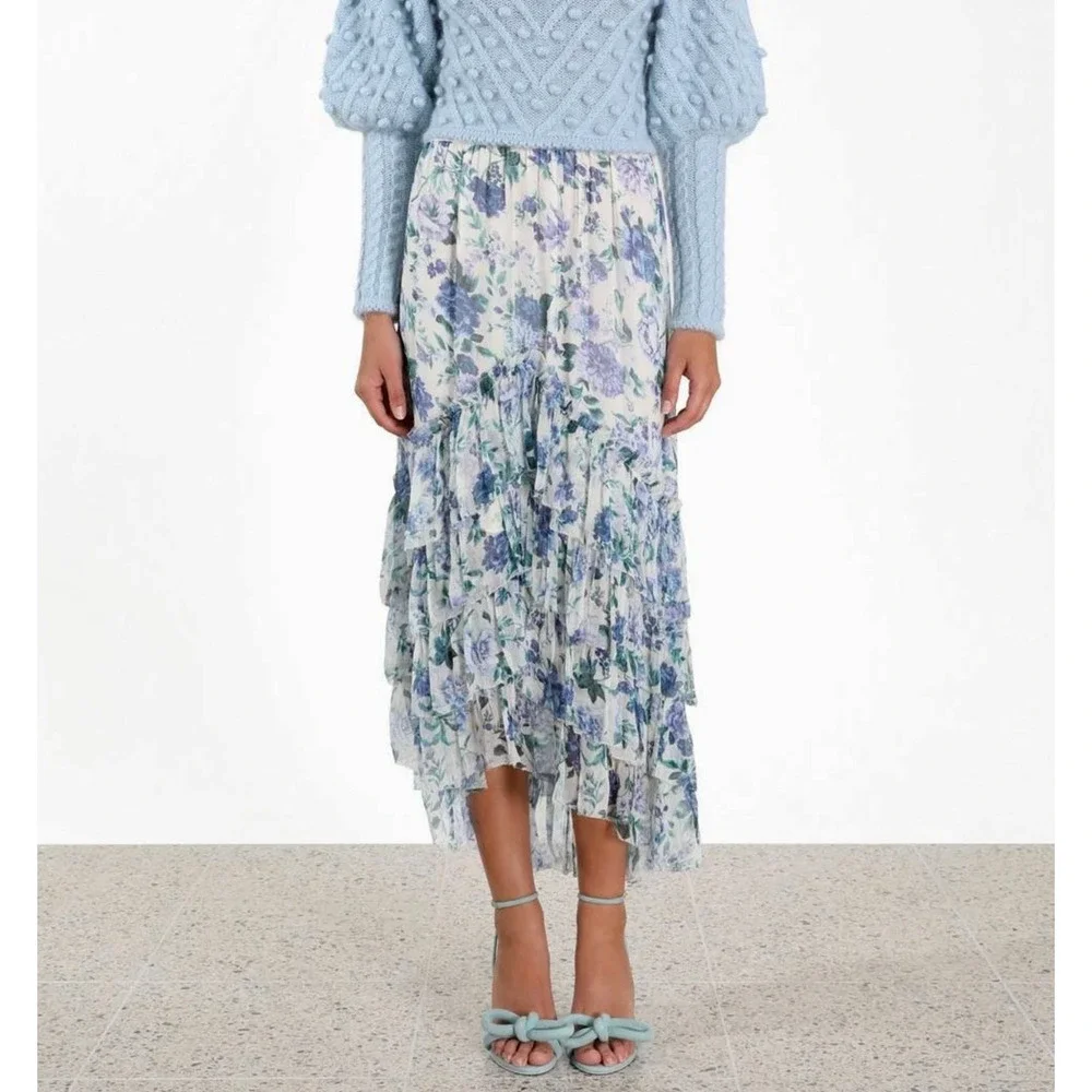Zimmermann 0 /UK 8/US 4 Moncur Floral Silk chiffon Midi Skirt $995 Ruffle NWT - Picture 3 of 13
